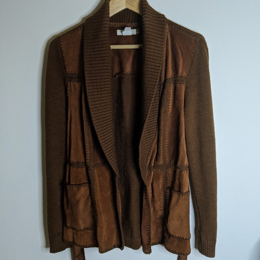 J Crew Vtg Leather Wool Knit Patchwork Cardigan xs - Picture 2 of 10